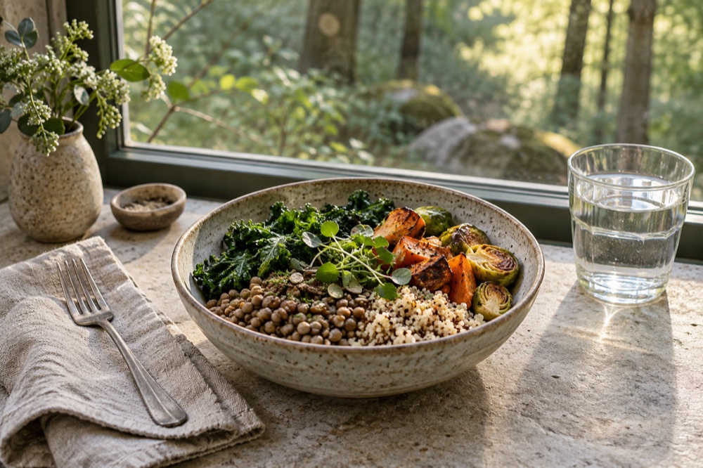 Illustrative image of a nourishing meal in a ceramic bowl beside a woodland window.