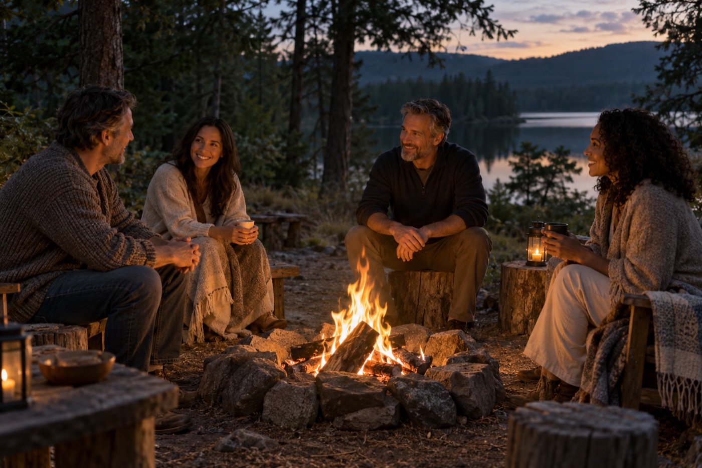 Illustrative friends gathered around a quiet campfire beside a woodland lake at dusk.