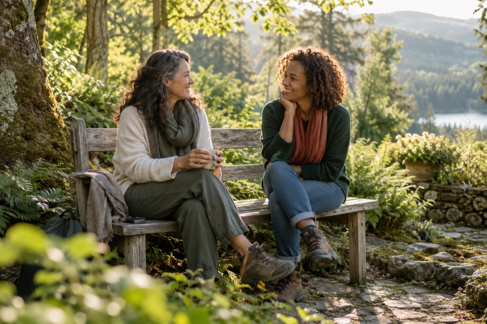 Illustrative friends enjoying a relaxed conversation outdoors.