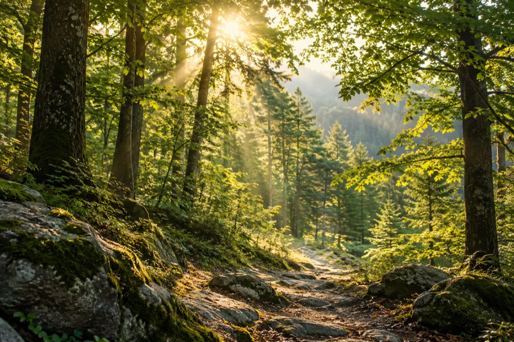 Golden sunlight filtering through a forest canopy.