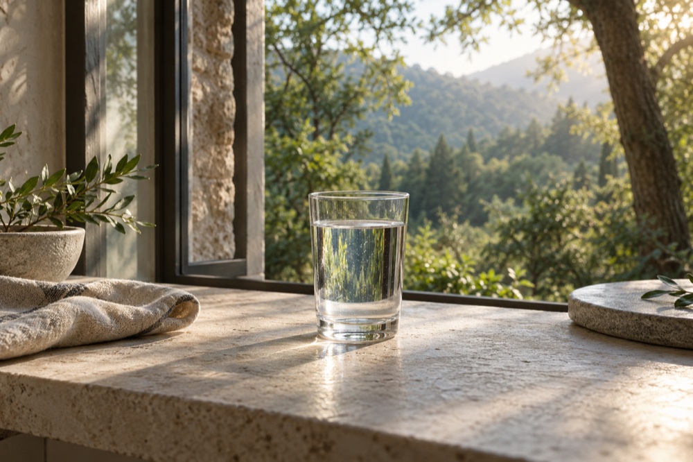 A clear glass of water in gentle morning light.